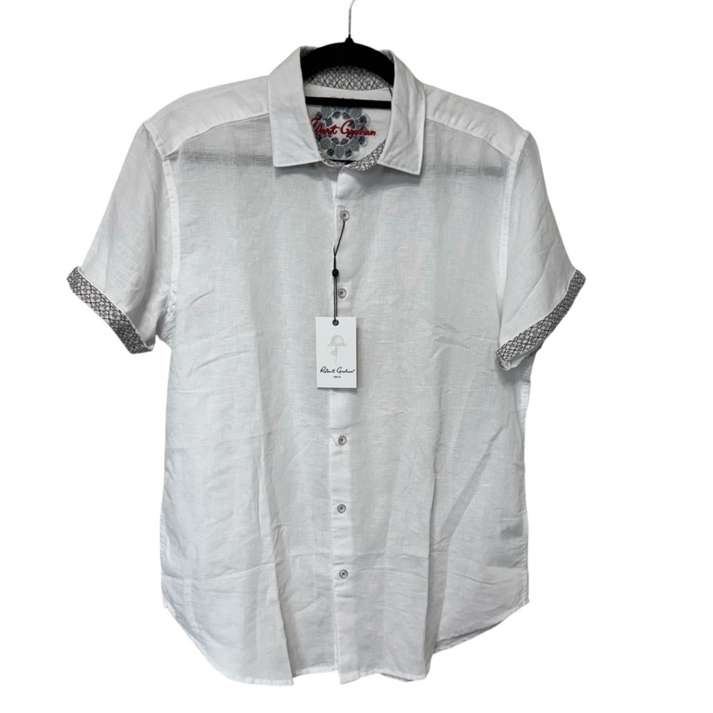 ✅ NWT Robert Graham White Short Sleeve Button Down Shirt cotton/linen blend  M